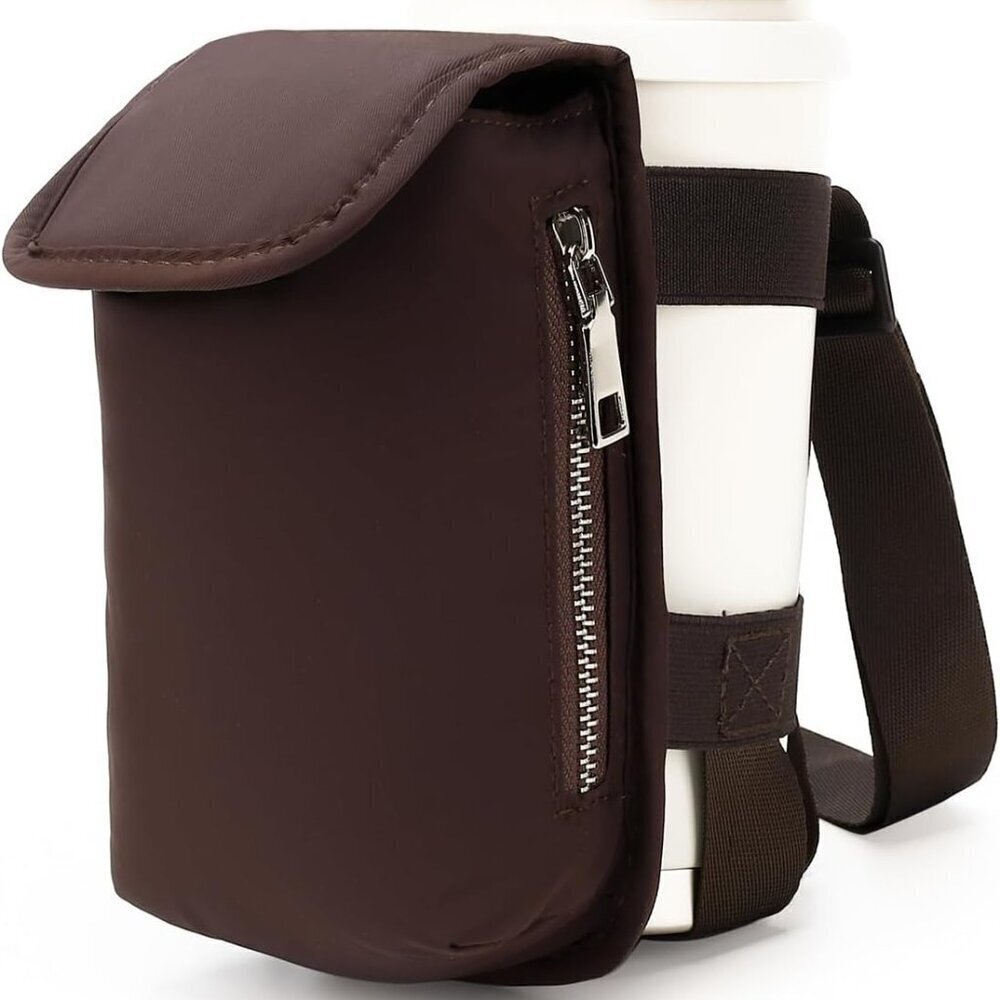 Water Bottle Holder Crossbody Bag Nylon Brown with Phone Pocket Lightweight